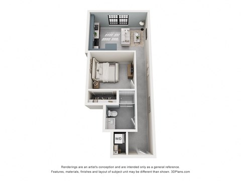 Floor plan for 1 bed, 1 bath, 566 sqft